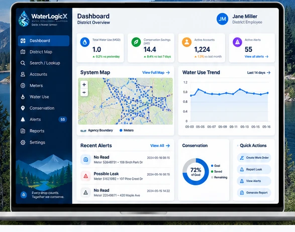 WaterLogicX district overview dashboard: water use, conservation savings, active accounts, system map, water-use trend, recent alerts and conservation goal.